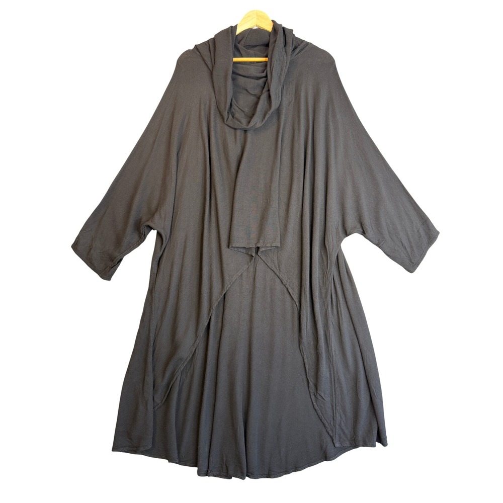 Womens Black Oversized Lagenlook Cowl Neck Draped Tunic Top OS Minimalist Artsy